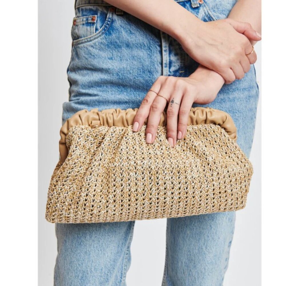 Moda Luxe Delvina Clutch Vegan Leather / Straw Gold Chain - Picture 9 of 9